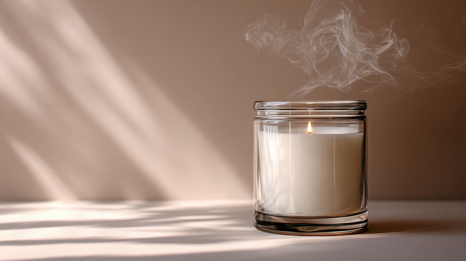 A lit scented candle in a clear glass jar with wisps of white smoke rising from the flame against a warm dusty pink background